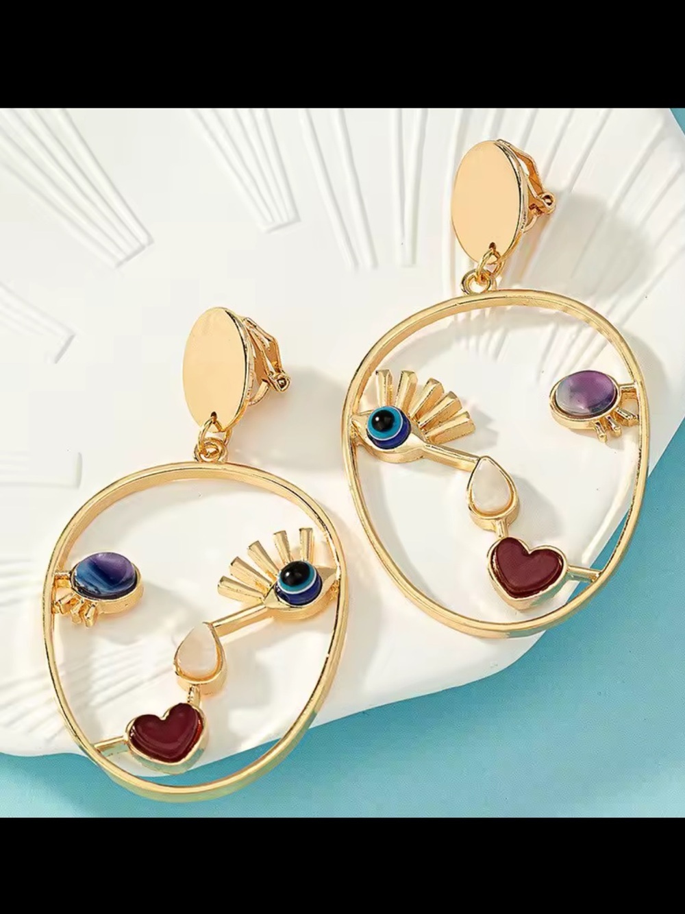 Gold Face Outline Drop Earrings with Multicolor Accents